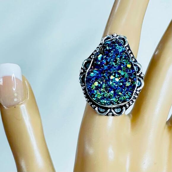 Blue titanium druzy silver plated ring. Gemstone size 6 handmade - Picture 1 of 1